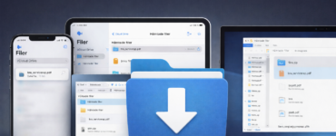 Illustration av hämtade filer på iPhone, iPad, Mac och Windows-dator med nedladdningsmapp i fokus